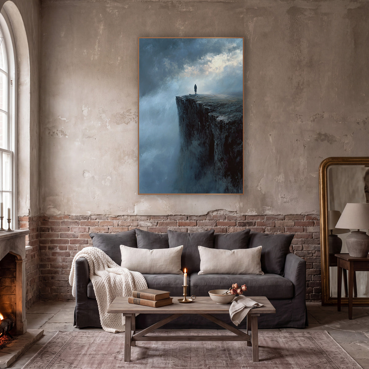 Lone Figure Misty Cliff Romantic Landscape wall art in a moody dark academia room – lone figure in a long coat