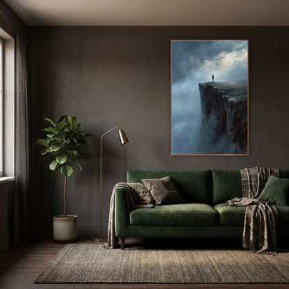 Lone Figure Misty Cliff Romantic Landscape wall art in a moody dark academia room – lone figure in a long coat