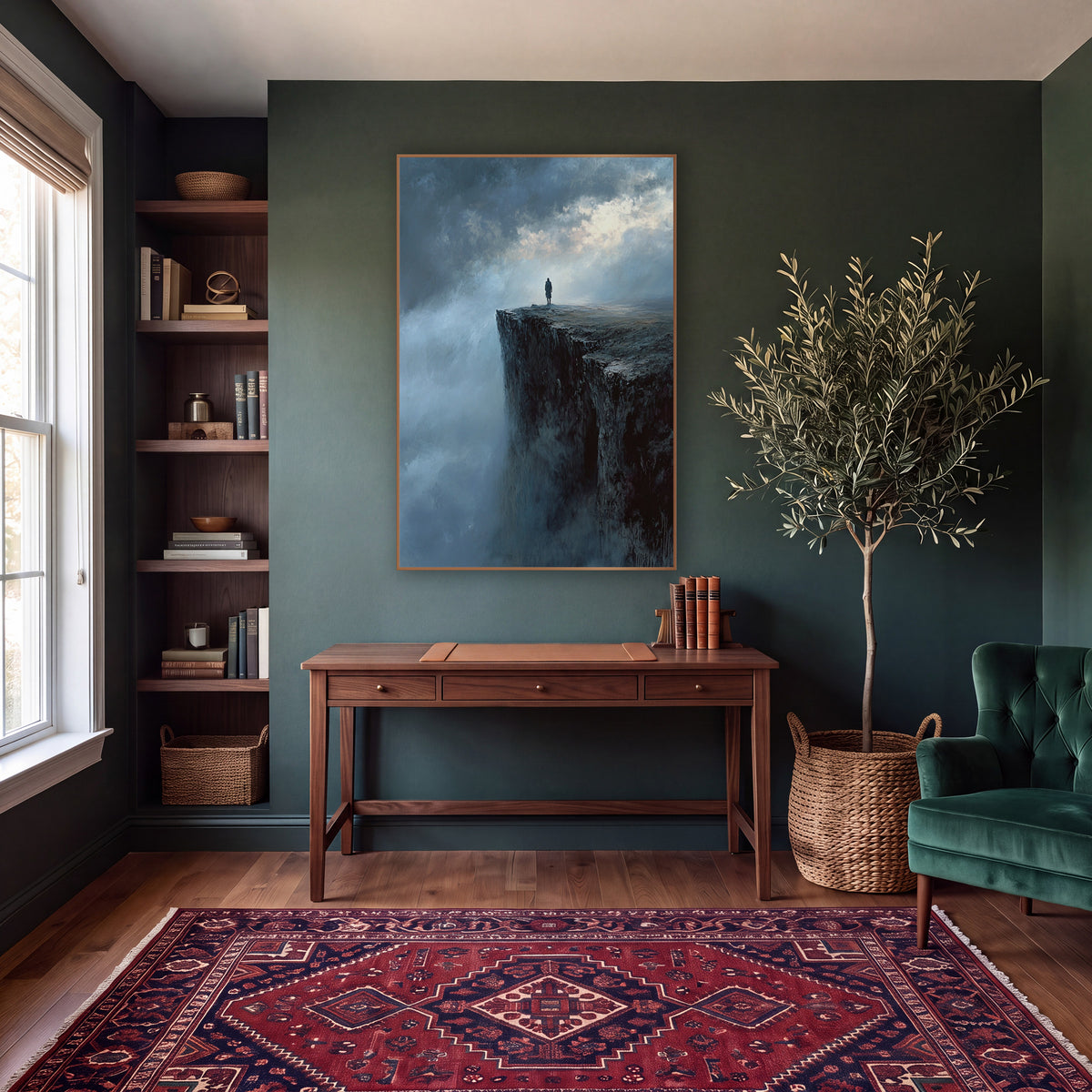 Lone Figure Misty Cliff Romantic Landscape wall art in a moody dark academia room – lone figure in a long coat