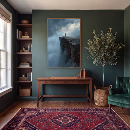 Lone Figure Misty Cliff Romantic Landscape wall art in a moody dark academia room – lone figure in a long coat