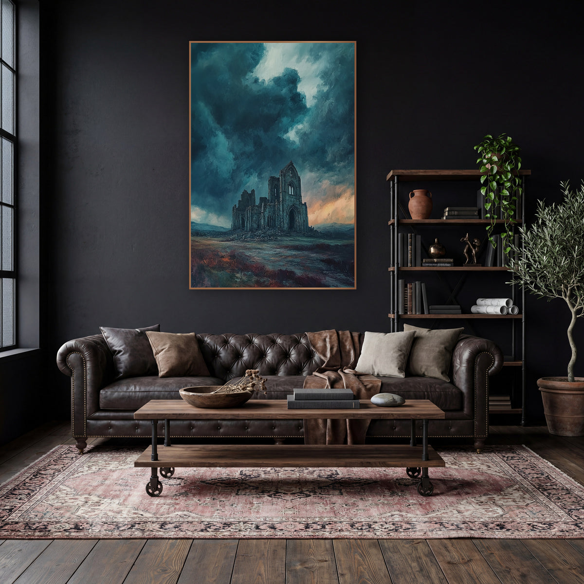 Teal Storm Abbey Moody wall art in a moody dark academia room – ruined gothic abbey on a moor beneath dark teal storm