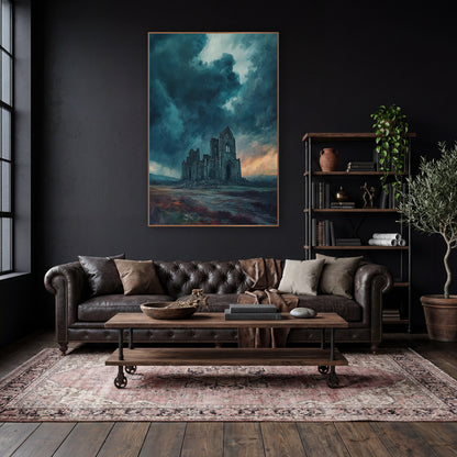 Teal Storm Abbey Moody wall art in a moody dark academia room – ruined gothic abbey on a moor beneath dark teal storm