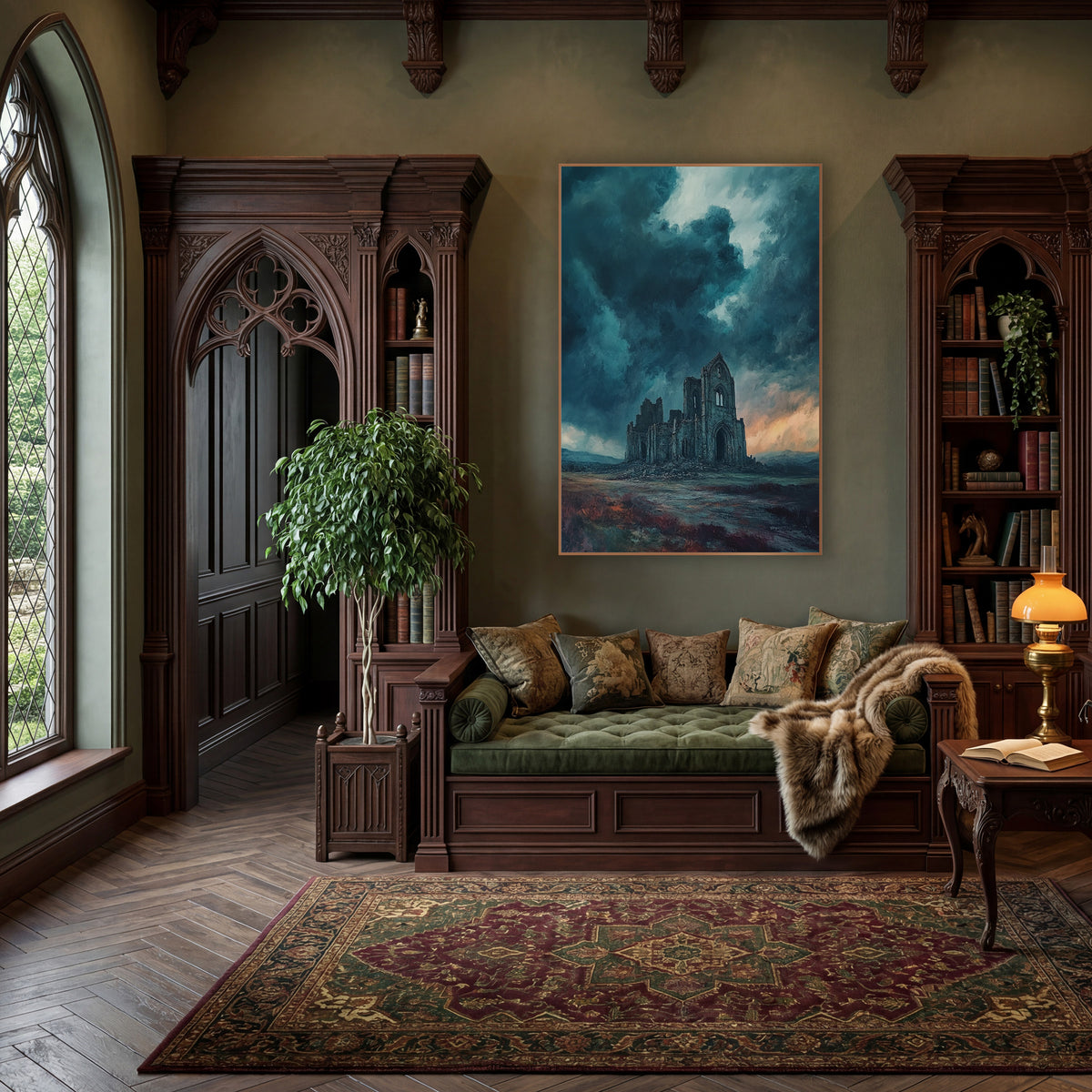 Teal Storm Abbey Moody wall art in a moody dark academia room – ruined gothic abbey on a moor beneath dark teal storm