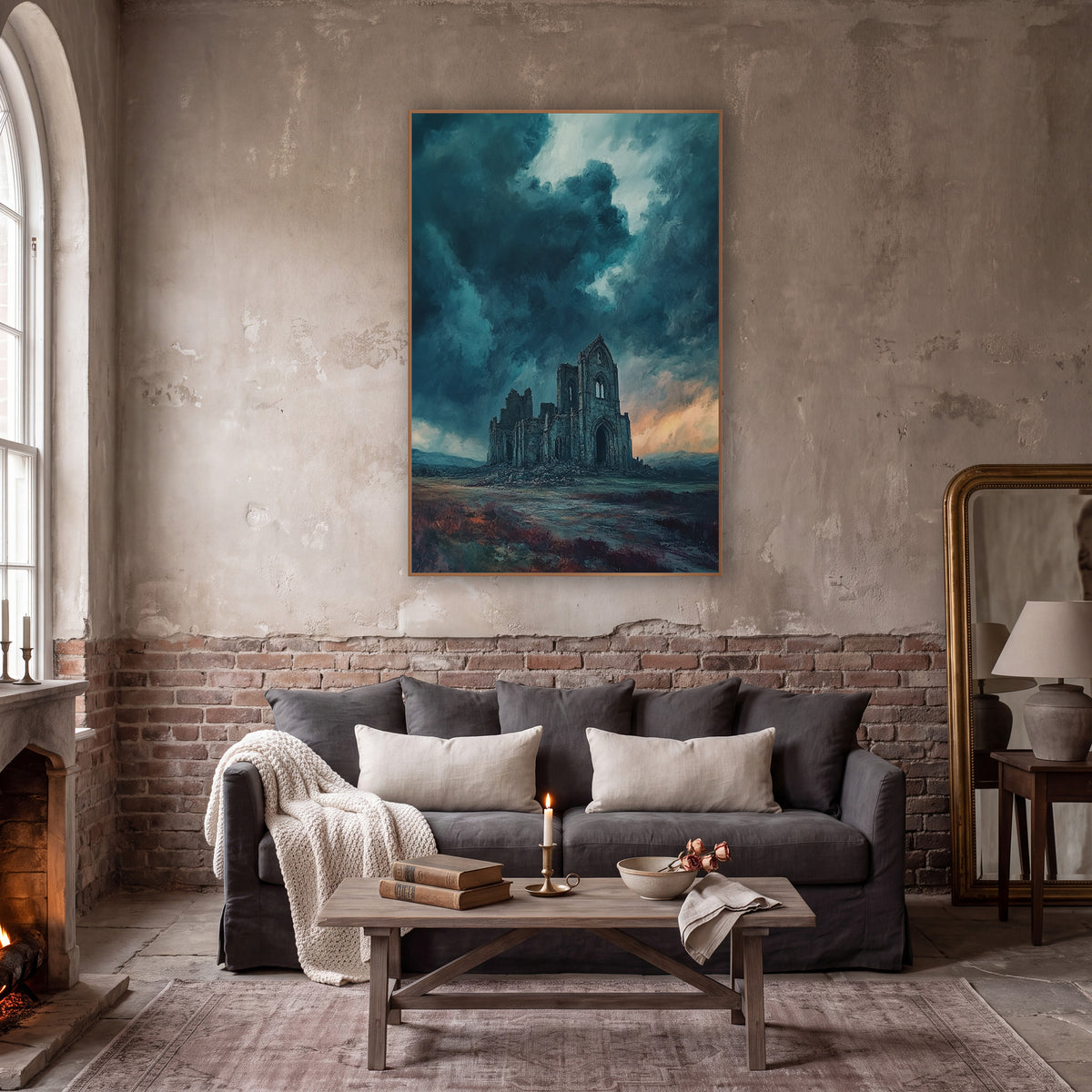 Teal Storm Abbey Moody wall art in a moody dark academia room – ruined gothic abbey on a moor beneath dark teal storm
