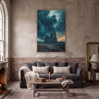 Teal Storm Abbey Moody wall art in a moody dark academia room – ruined gothic abbey on a moor beneath dark teal storm