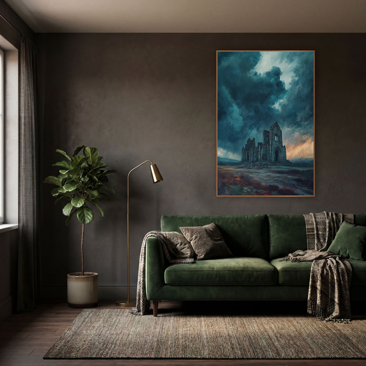 Teal Storm Abbey Moody wall art in a moody dark academia room – ruined gothic abbey on a moor beneath dark teal storm