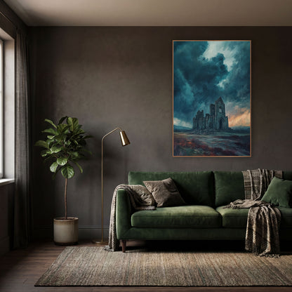 Teal Storm Abbey Moody wall art in a moody dark academia room – ruined gothic abbey on a moor beneath dark teal storm