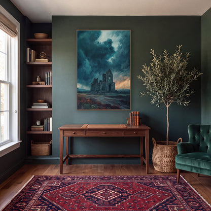 Teal Storm Abbey Moody wall art in a moody dark academia room – ruined gothic abbey on a moor beneath dark teal storm