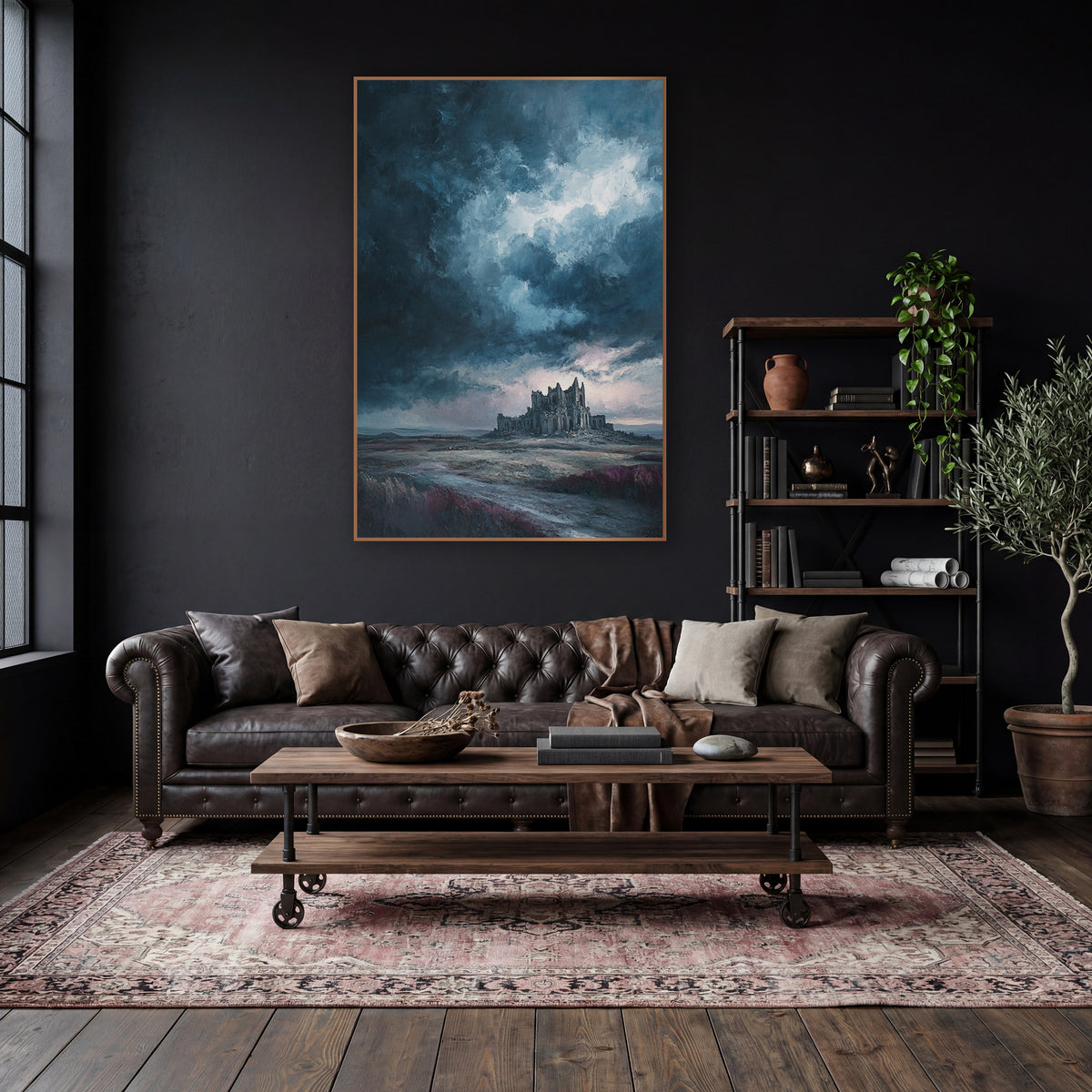Distant Abbey Heath Moody wall art in a moody dark academia room – ruined gothic abbey on a moor under dark storm