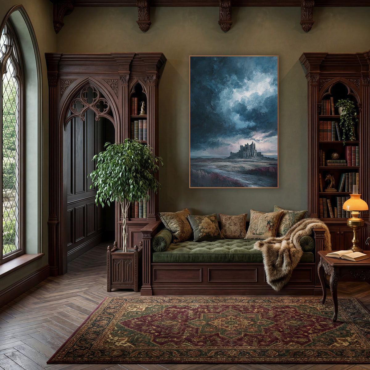 Distant Abbey Heath Moody wall art in a moody dark academia room – ruined gothic abbey on a moor under dark storm