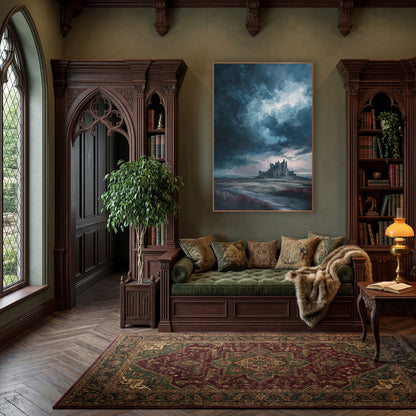 Distant Abbey Heath Moody wall art in a moody dark academia room – ruined gothic abbey on a moor under dark storm