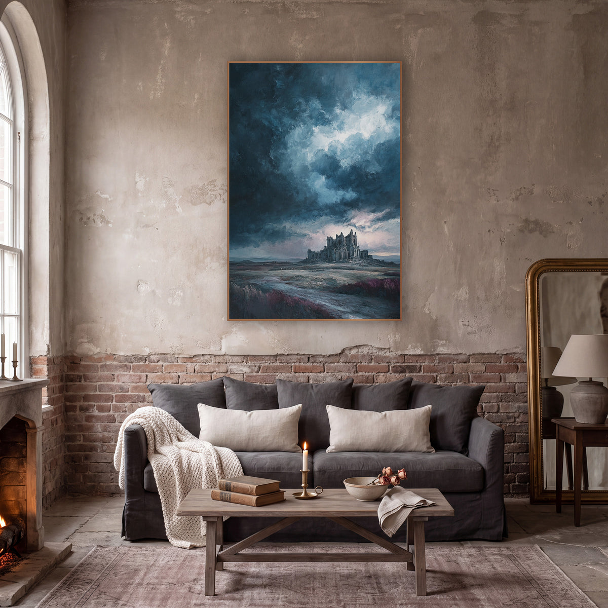 Distant Abbey Heath Moody wall art in a moody dark academia room – ruined gothic abbey on a moor under dark storm