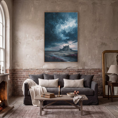 Distant Abbey Heath Moody wall art in a moody dark academia room – ruined gothic abbey on a moor under dark storm