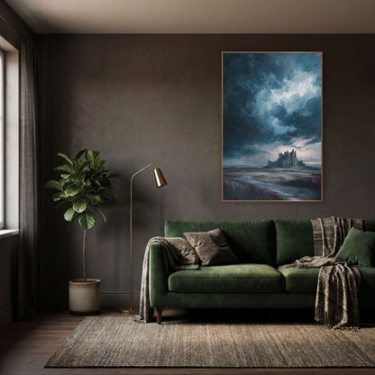 Distant Abbey Heath Moody wall art in a moody dark academia room – ruined gothic abbey on a moor under dark storm