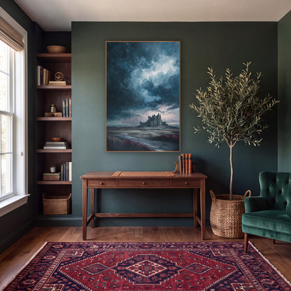 Distant Abbey Heath Moody wall art in a moody dark academia room – ruined gothic abbey on a moor under dark storm