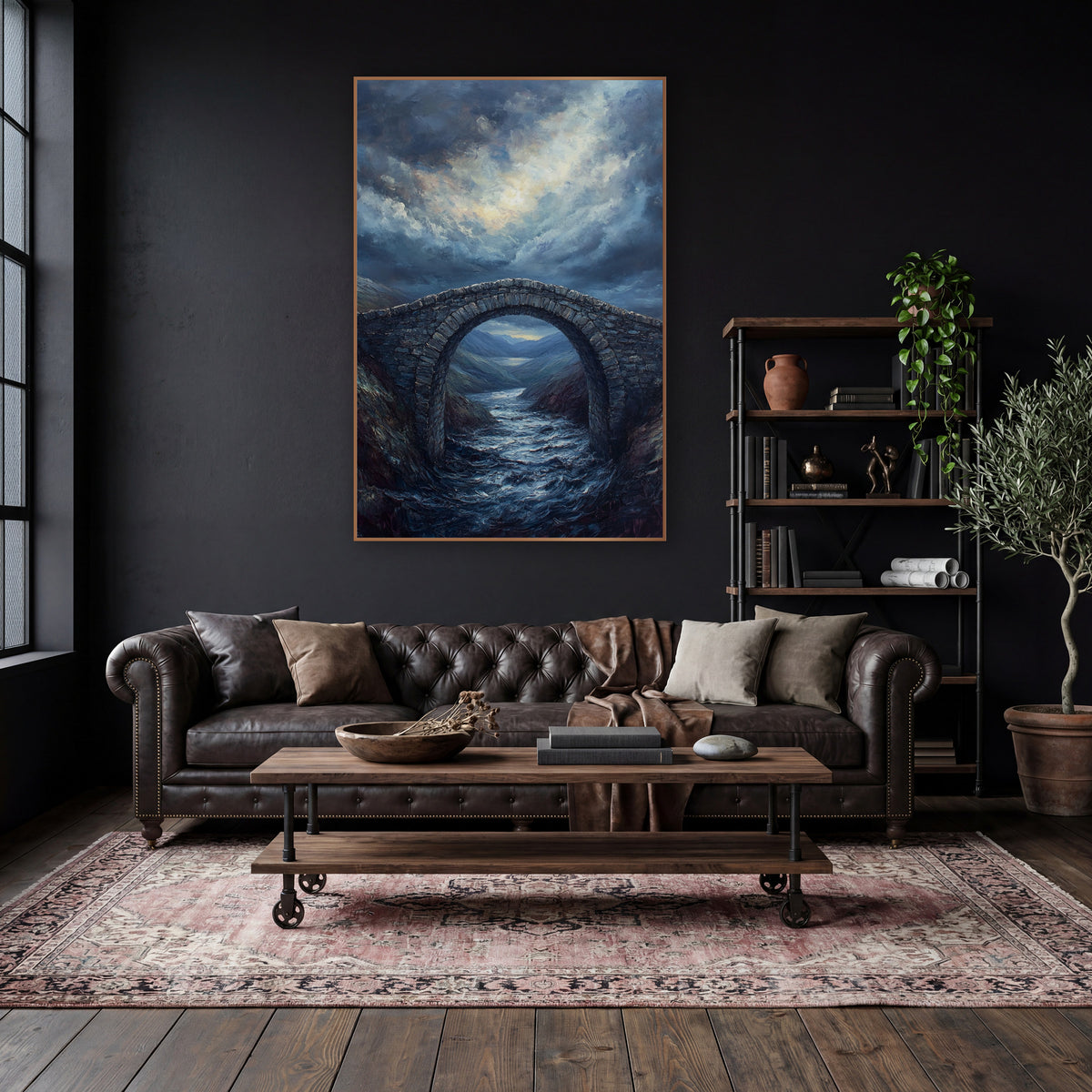 Storm Arch Valley Moody wall art in a moody dark academia room – stone arch bridge over a rushing river in dark hills