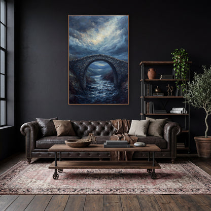 Storm Arch Valley Moody wall art in a moody dark academia room – stone arch bridge over a rushing river in dark hills