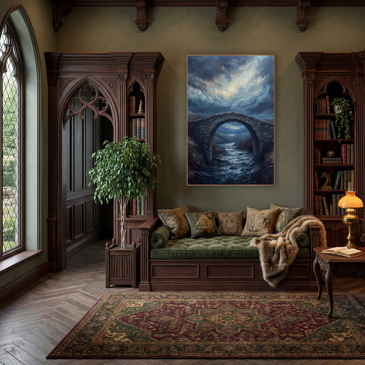 Storm Arch Valley Moody wall art in a moody dark academia room – stone arch bridge over a rushing river in dark hills