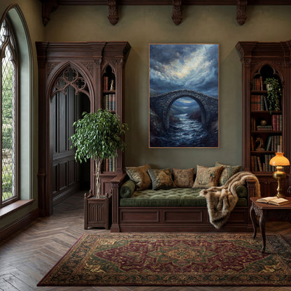 Storm Arch Valley Moody wall art in a moody dark academia room – stone arch bridge over a rushing river in dark hills