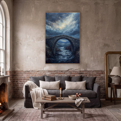 Storm Arch Valley Moody wall art in a moody dark academia room – stone arch bridge over a rushing river in dark hills