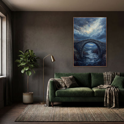 Storm Arch Valley Moody wall art in a moody dark academia room – stone arch bridge over a rushing river in dark hills