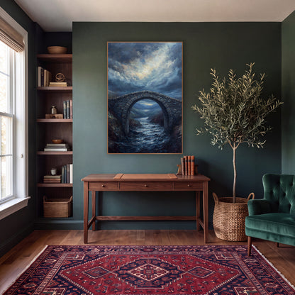 Storm Arch Valley Moody wall art in a moody dark academia room – stone arch bridge over a rushing river in dark hills
