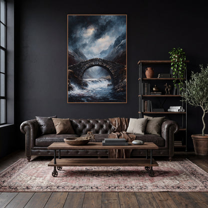 Snowpeak Torrent Bridge Gothic wall art in a moody dark academia room – dark stone arch bridge over a foaming mountain