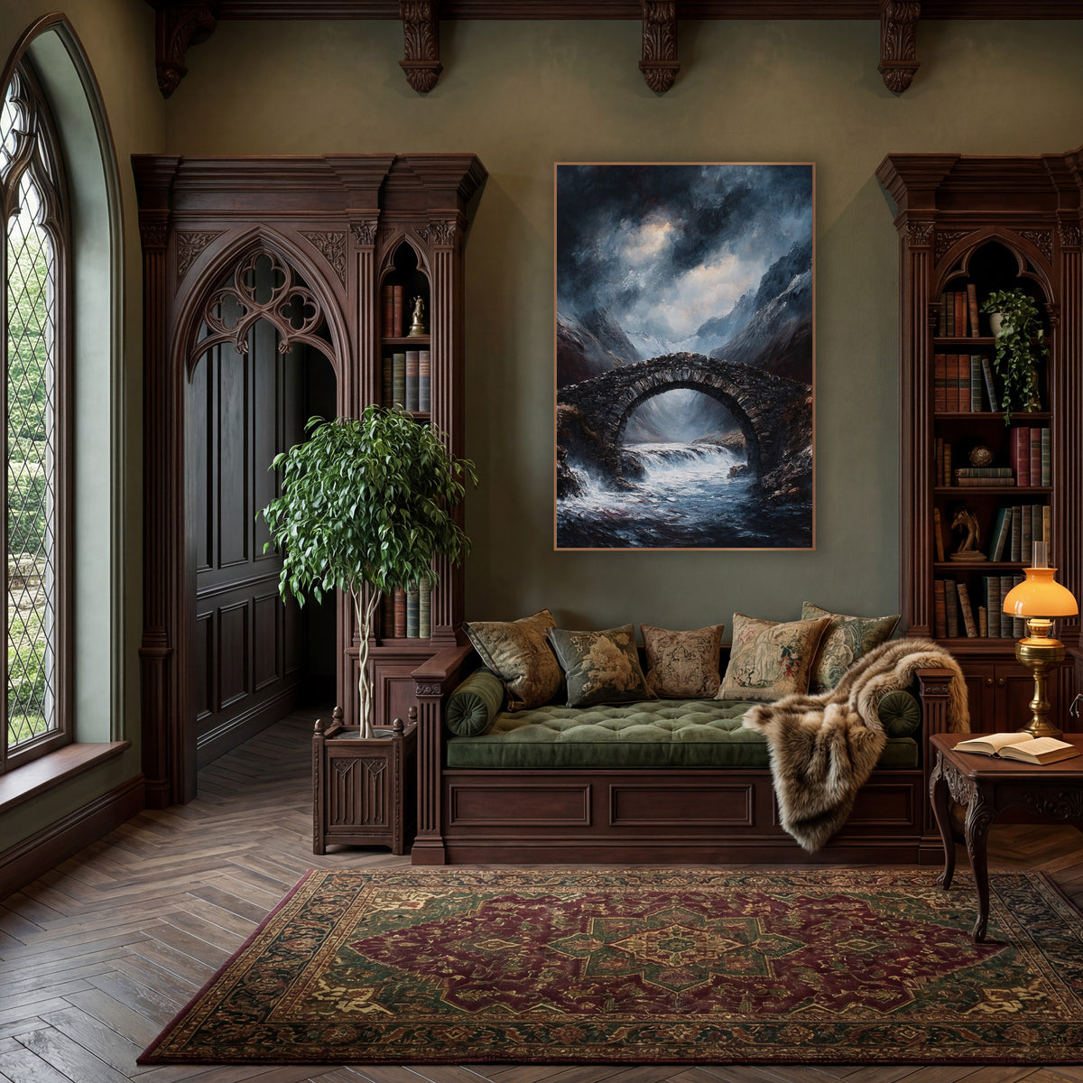 Snowpeak Torrent Bridge Gothic wall art in a moody dark academia room – dark stone arch bridge over a foaming mountain