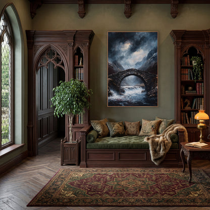 Snowpeak Torrent Bridge Gothic wall art in a moody dark academia room – dark stone arch bridge over a foaming mountain