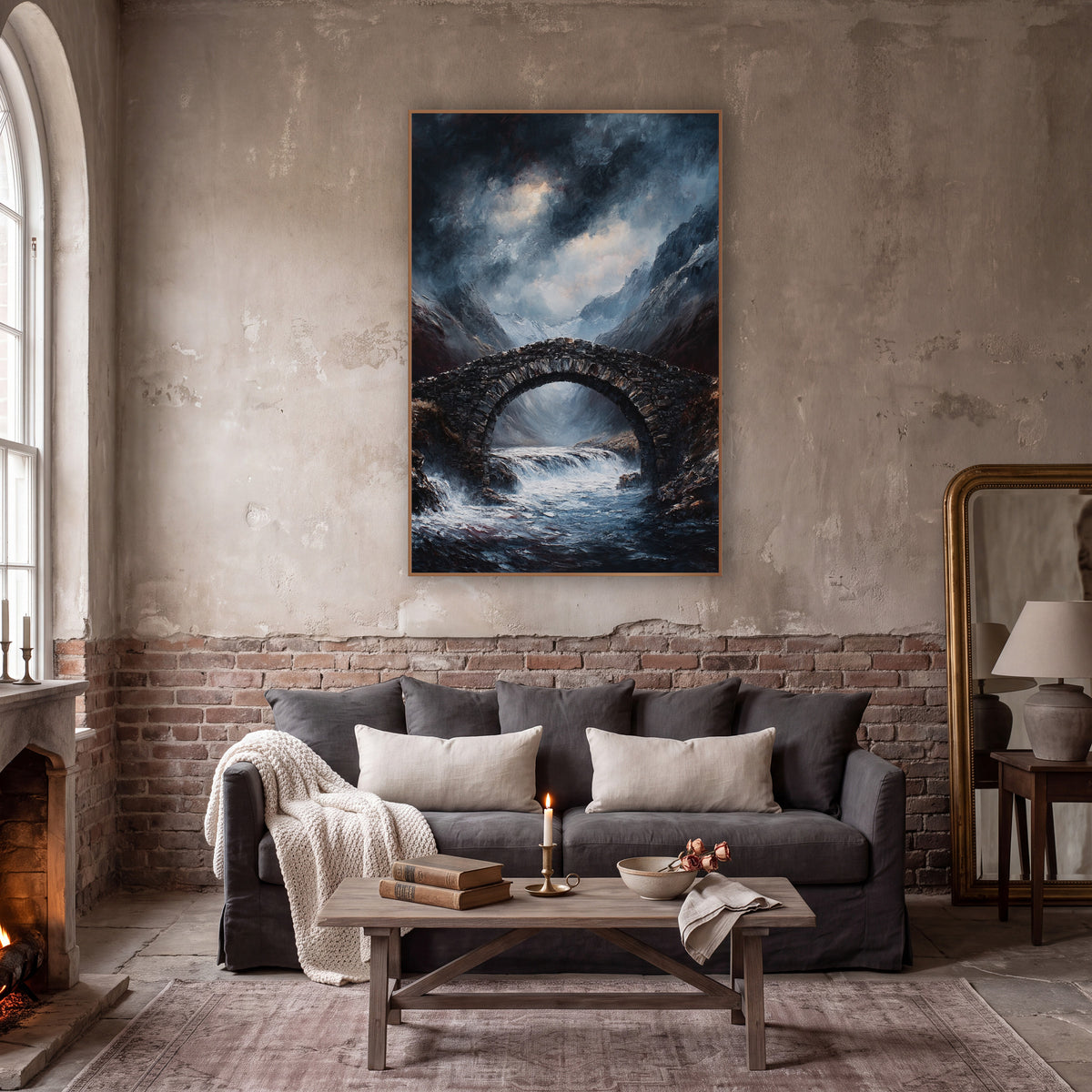 Snowpeak Torrent Bridge Gothic wall art in a moody dark academia room – dark stone arch bridge over a foaming mountain