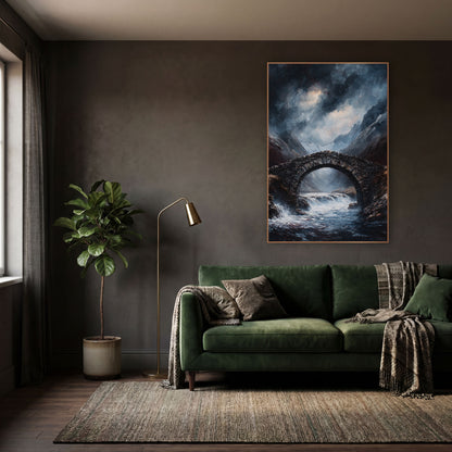 Snowpeak Torrent Bridge Gothic wall art in a moody dark academia room – dark stone arch bridge over a foaming mountain