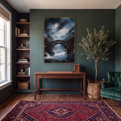 Snowpeak Torrent Bridge Gothic wall art in a moody dark academia room – dark stone arch bridge over a foaming mountain
