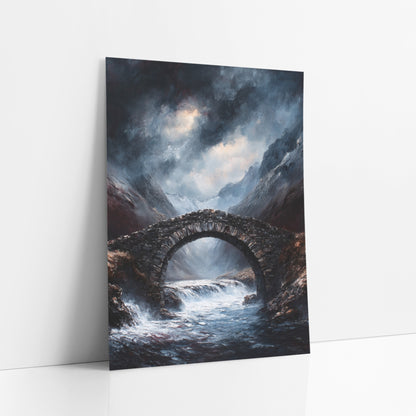 Snowpeak Torrent Bridge Gothic art print leaning against a white wall – dark stone arch bridge over a foaming mountain river