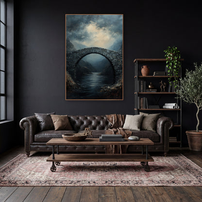 Still Water Arch Classic wall art in a moody dark academia room – stone arch bridge over a dark river between rocky