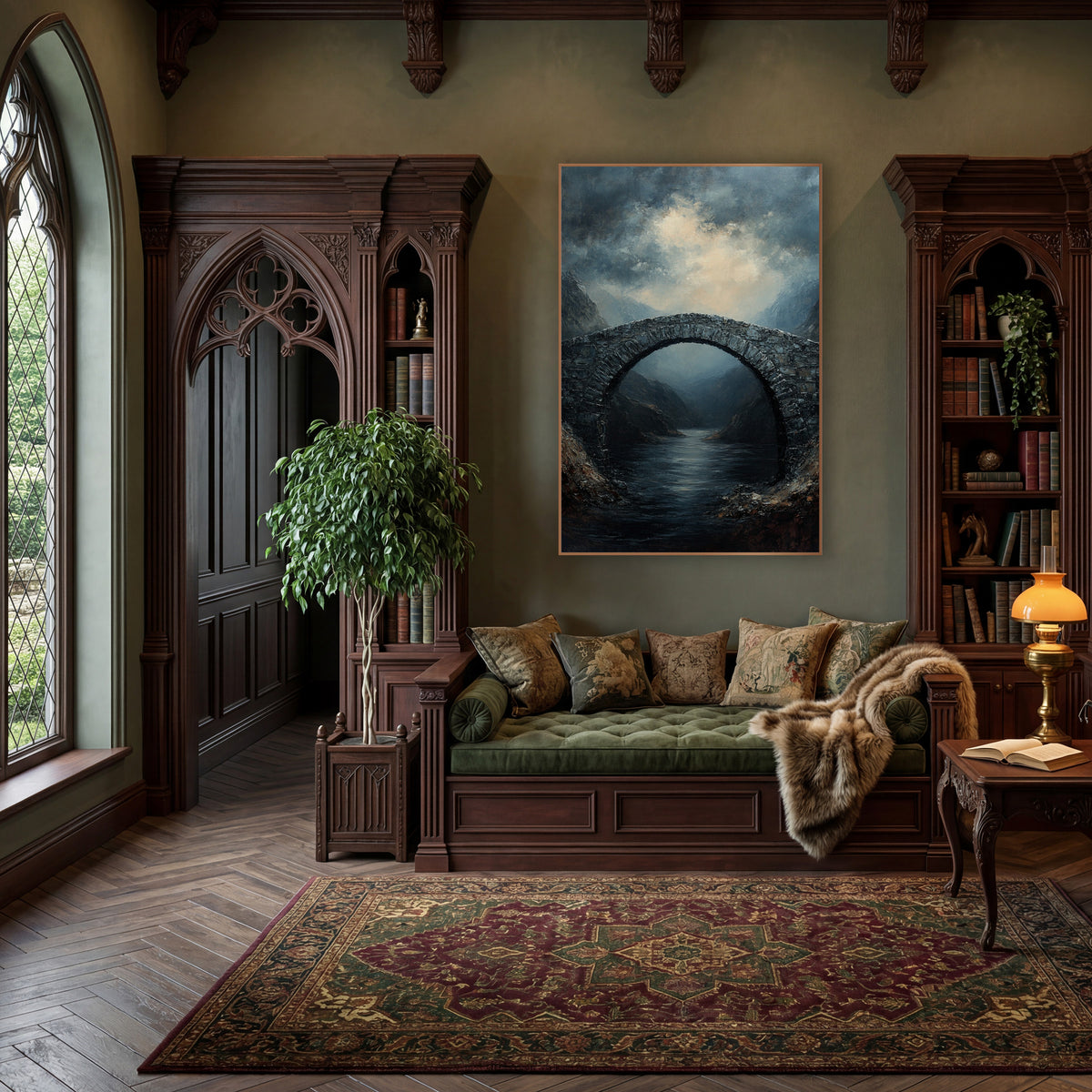 Still Water Arch Classic wall art in a moody dark academia room – stone arch bridge over a dark river between rocky