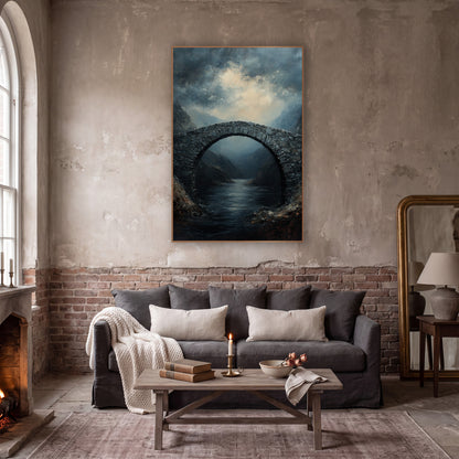 Still Water Arch Classic wall art in a moody dark academia room – stone arch bridge over a dark river between rocky