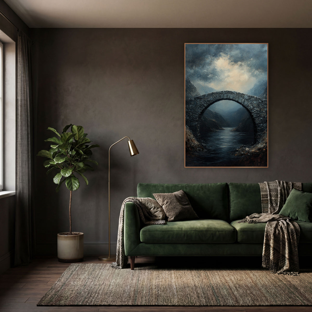 Still Water Arch Classic wall art in a moody dark academia room – stone arch bridge over a dark river between rocky
