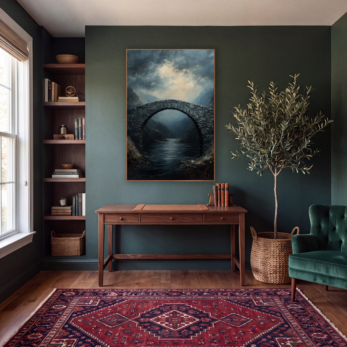 Still Water Arch Classic wall art in a moody dark academia room – stone arch bridge over a dark river between rocky