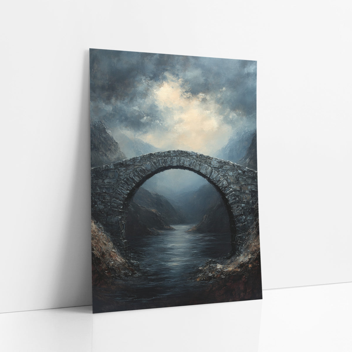 Still Water Arch Classic art print leaning against a white wall – stone arch bridge over a dark river between rocky hills