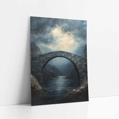 Still Water Arch Classic art print leaning against a white wall – stone arch bridge over a dark river between rocky hills