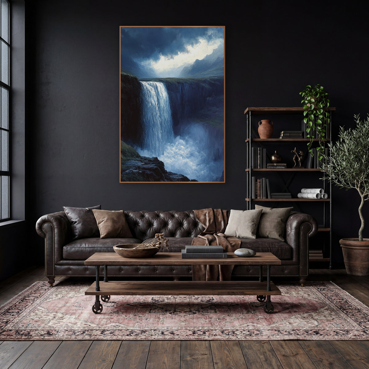 Stormlit Waterfall Romantic Landscape wall art in a moody dark academia room – tall waterfall plunging from a mossy