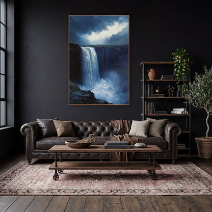 Stormlit Waterfall Romantic Landscape wall art in a moody dark academia room – tall waterfall plunging from a mossy