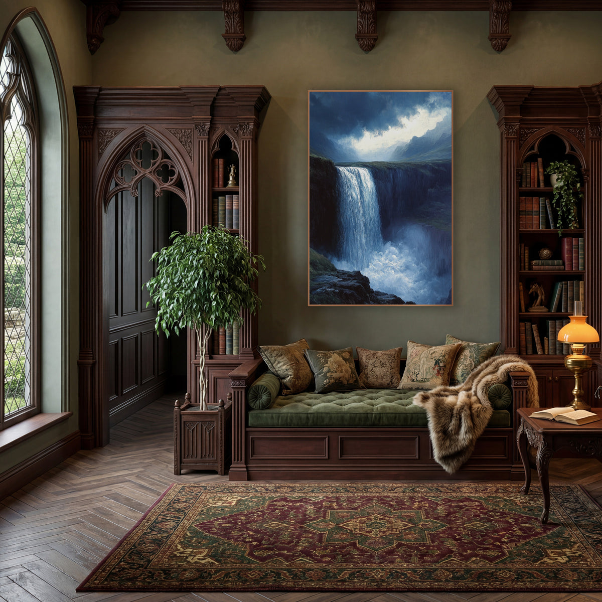 Stormlit Waterfall Romantic Landscape wall art in a moody dark academia room – tall waterfall plunging from a mossy