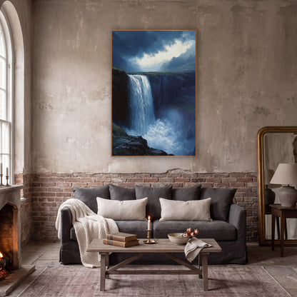 Stormlit Waterfall Romantic Landscape wall art in a moody dark academia room – tall waterfall plunging from a mossy