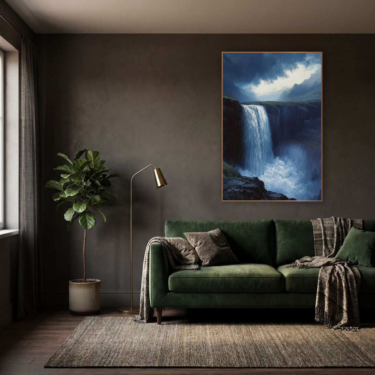 Stormlit Waterfall Romantic Landscape wall art in a moody dark academia room – tall waterfall plunging from a mossy