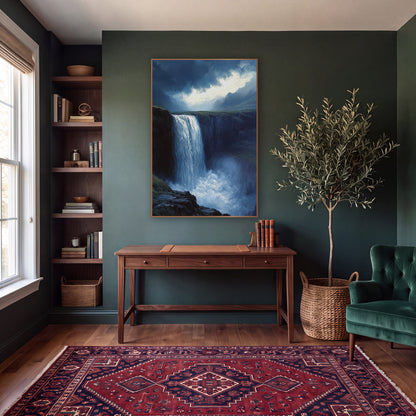 Stormlit Waterfall Romantic Landscape wall art in a moody dark academia room – tall waterfall plunging from a mossy