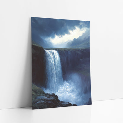 Stormlit Waterfall Romantic Landscape art print leaning against a white wall – tall waterfall plunging from a mossy cliff