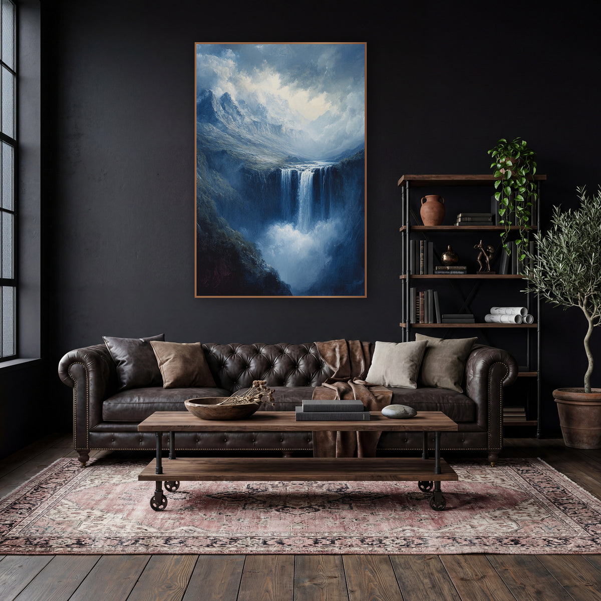 Misty Mountain Waterfall Romantic Landscape wall art in a moody dark academia room – romantic landscape of a waterfall