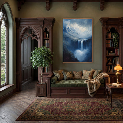 Misty Mountain Waterfall Romantic Landscape wall art in a moody dark academia room – romantic landscape of a waterfall