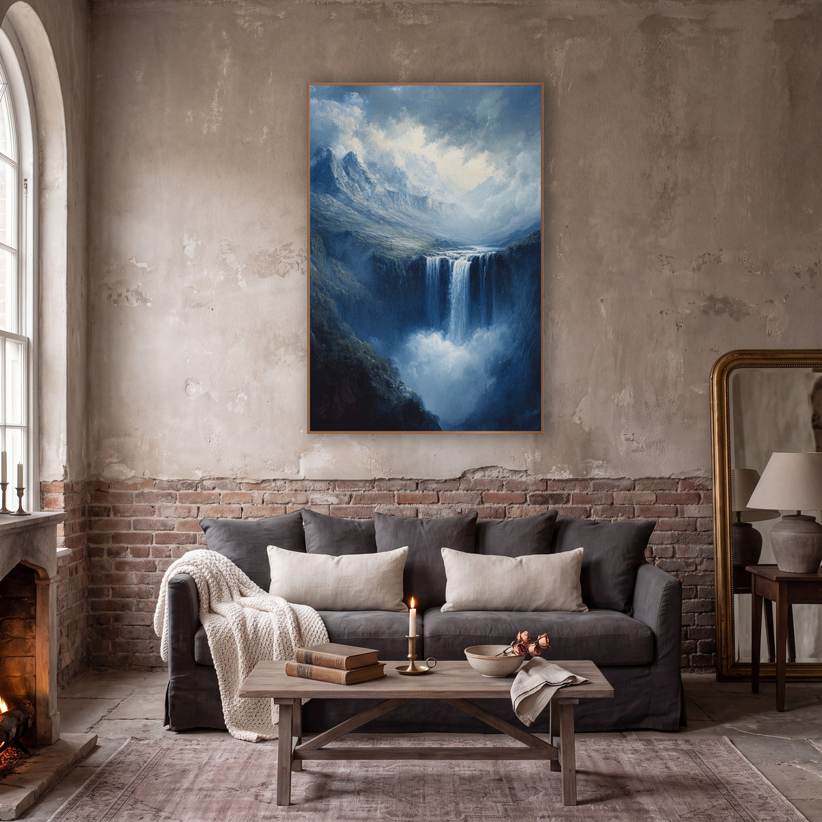 Misty Mountain Waterfall Romantic Landscape wall art in a moody dark academia room – romantic landscape of a waterfall